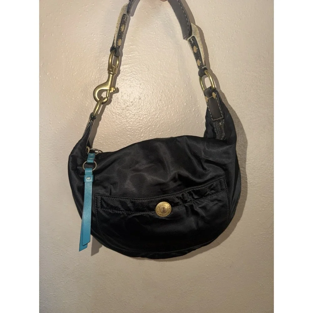 Coach Hampton Black Hobo Shoulder Bag Nylon Black Stitching  With Teal Lining